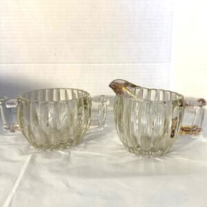 vintage "National" pattern cream and sugar set manufactured by Jeannette Glass,